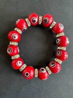 Red Beaded Evil Eye Stretch Bracelet with Rhinestone Spacers